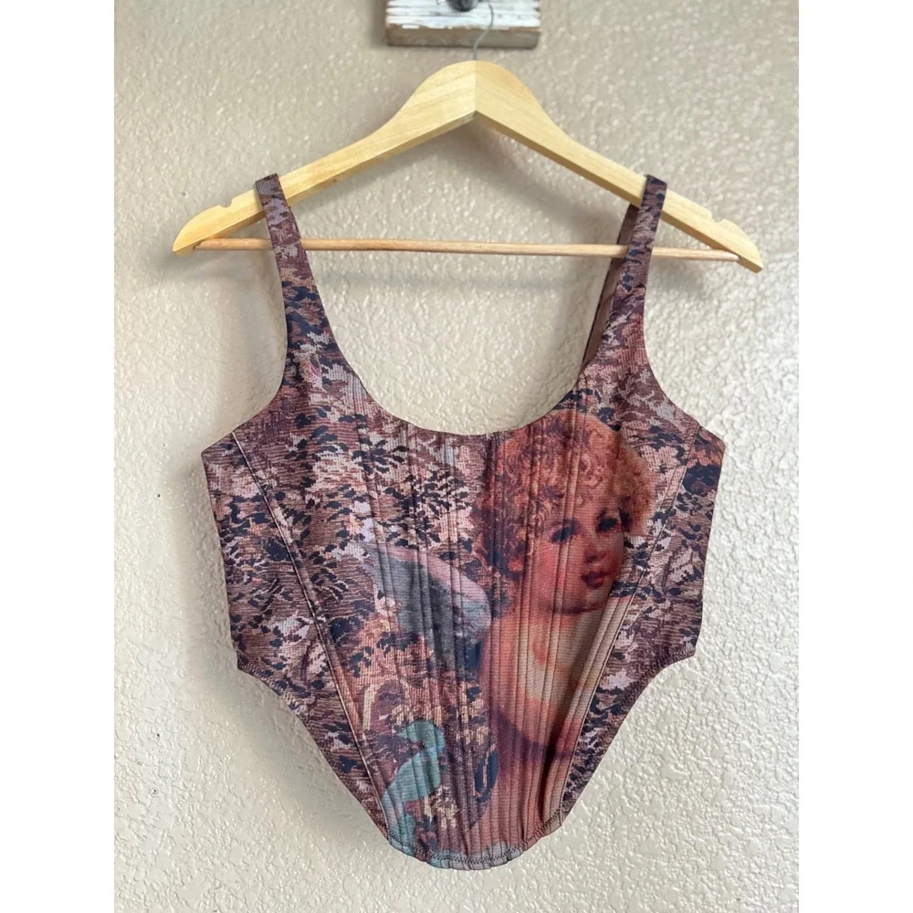 White Fox Boutique Brown Cherub Renaissance Corset Top Mesh Bustier Medium